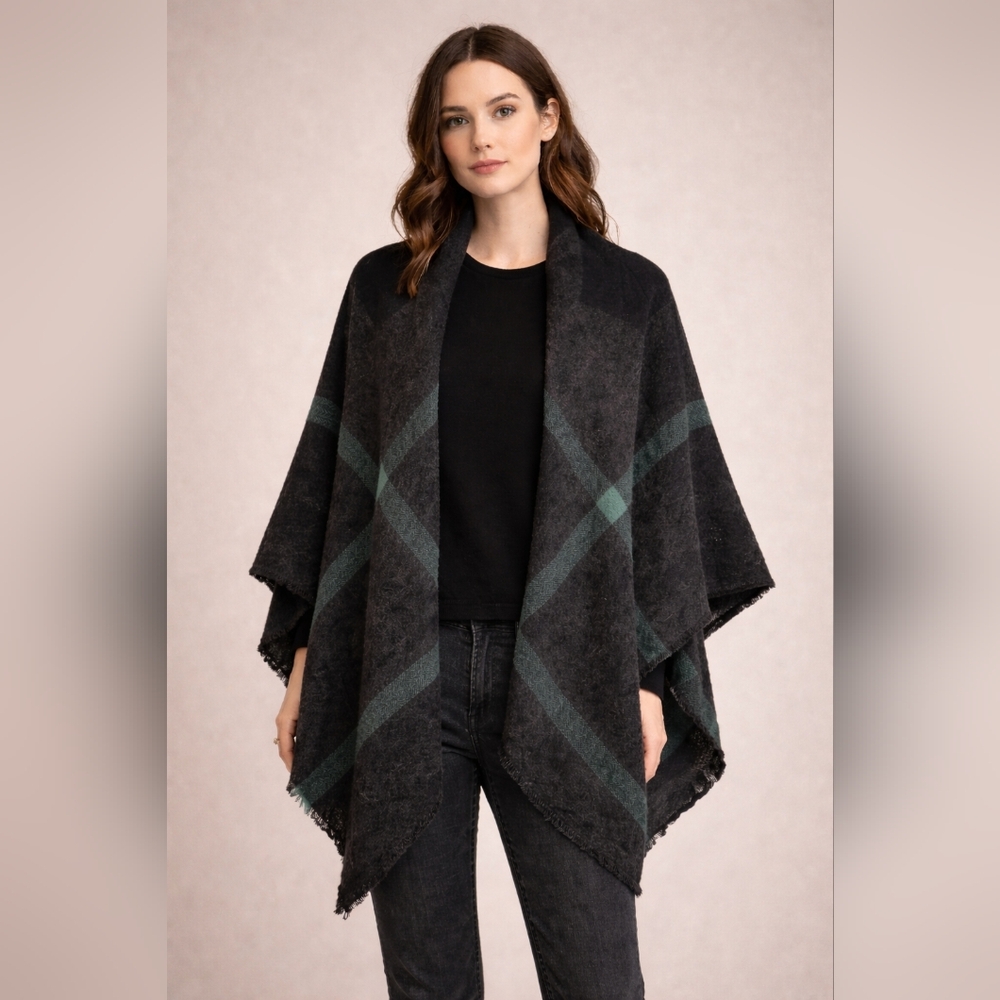 Lands' End Black Gray and Green Plaid Blanket Wrap Scarf